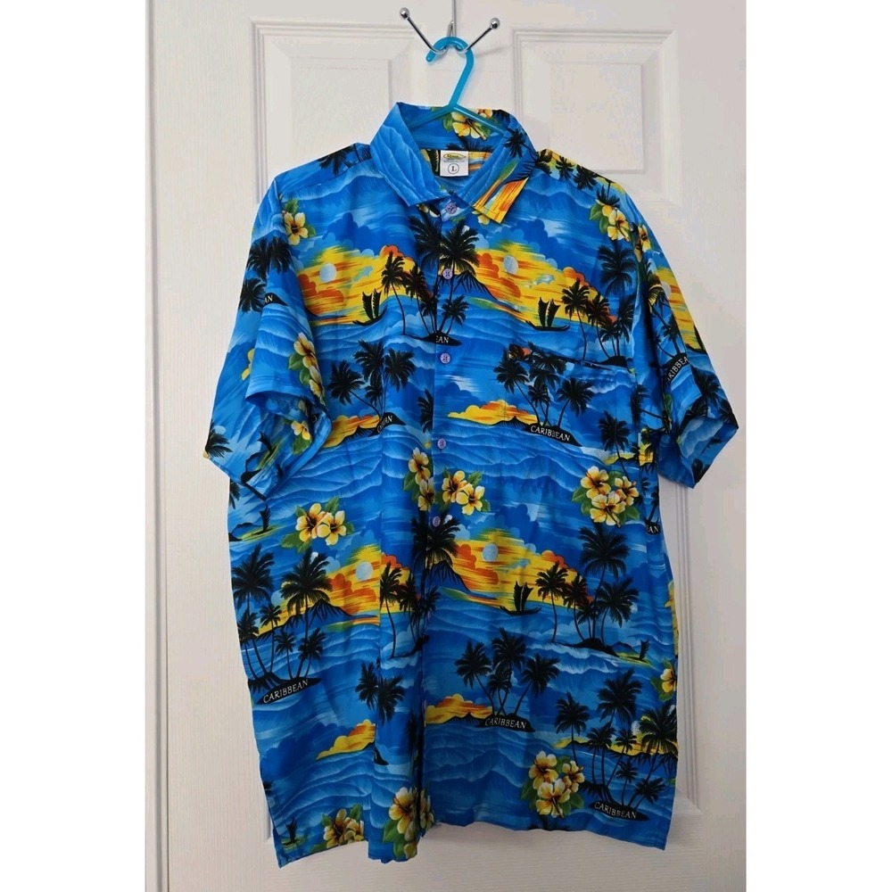 Rima Mens Size M Caribbean Shirt Hawaiian Blue Tropical Palm Tree Beach Sunset